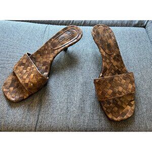 Sesto Meucci Woven Brown Leather Kitten Heel Mules Women's 6.5 Vintage Old Money